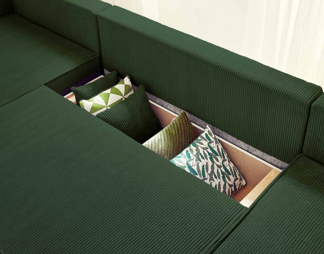 Dellia - canapé panoramique en U 7 places convertible avec coffre en velours côtelé - style contemporain