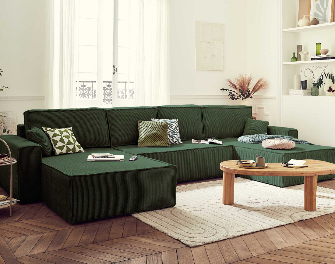 Dellia - canapé panoramique en U 7 places convertible avec coffre en velours côtelé - style contemporain