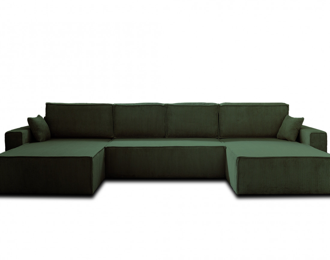 Dellia - canapé panoramique en U 7 places convertible avec coffre en velours côtelé - style contemporain