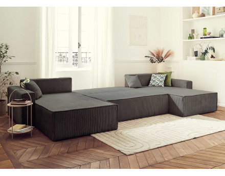 Dellia - canapé panoramique en U 7 places convertible avec coffre en velours côtelé - style contemporain