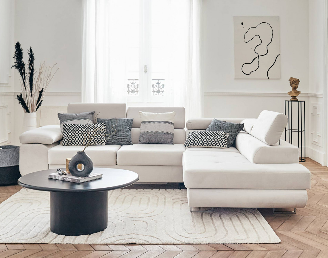 Pablo - canapé d'angle droit en velours convertible avec coffre et têtières réglables 5 places - style contemporain