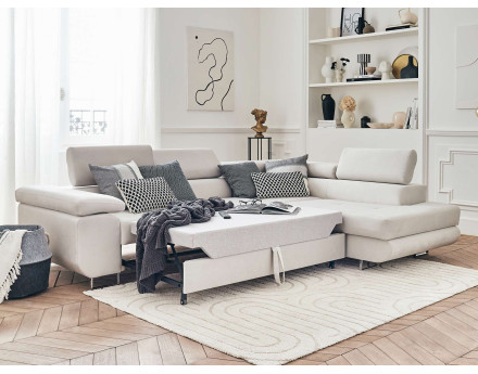 Pablo - canapé d'angle droit en velours convertible avec coffre et têtières réglables 5 places - style contemporain