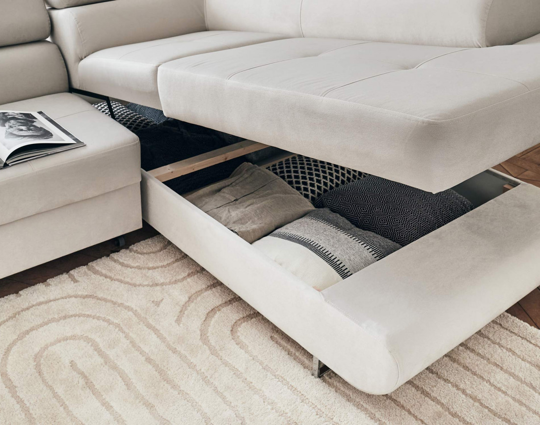 Pablo - canapé d'angle droit en velours convertible avec coffre et têtières réglables 5 places - style contemporain