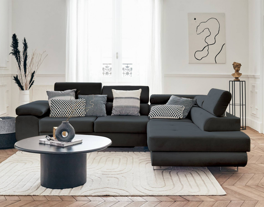 Pablo - canapé d'angle droit en velours convertible avec coffre et têtières réglables 5 places - style contemporain