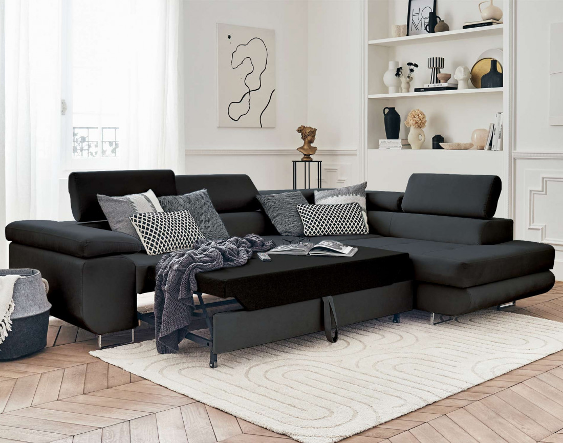 Pablo - canapé d'angle droit en velours convertible avec coffre et têtières réglables 5 places - style contemporain