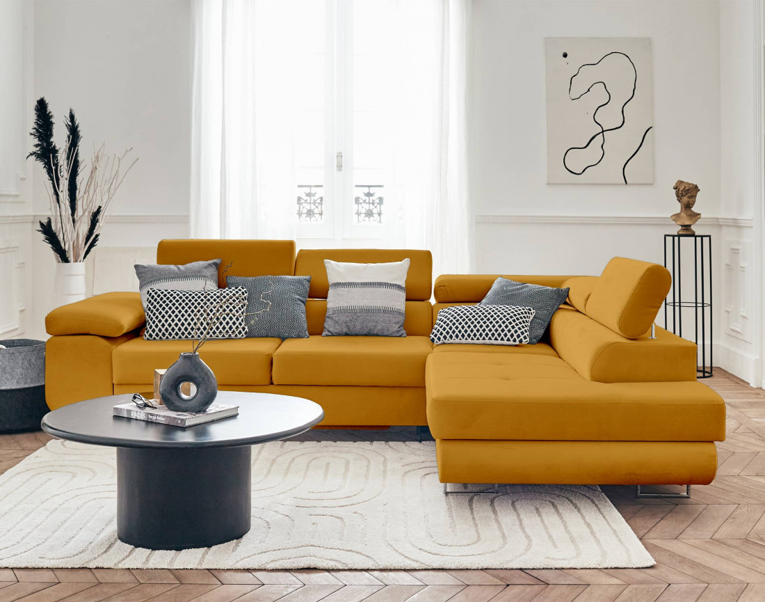 Pablo - canapé d'angle droit en velours convertible avec coffre et têtières réglables 5 places - style contemporain