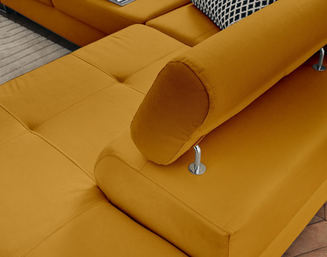 Pablo - canapé d'angle droit en velours convertible avec coffre et têtières réglables 5 places - style contemporain