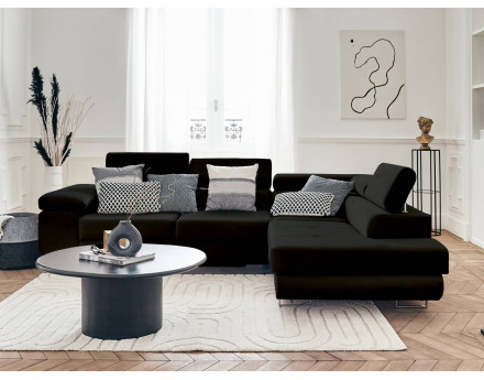 Pablo - canapé d'angle droit en velours convertible avec coffre et têtières réglables 5 places - style contemporain
