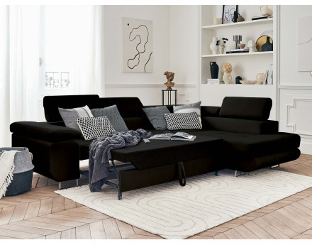 Pablo - canapé d'angle droit en velours convertible avec coffre et têtières réglables 5 places - style contemporain