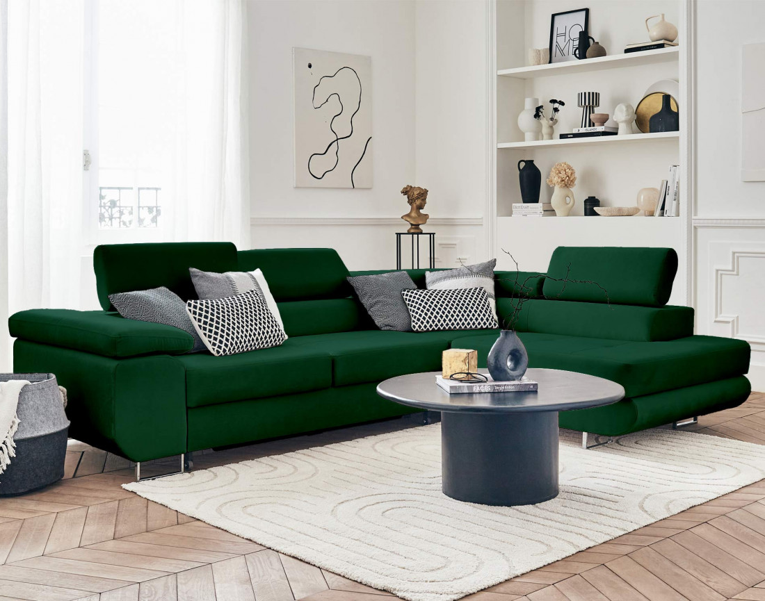 Pablo - canapé d'angle droit en velours convertible avec coffre et têtières réglables 5 places - style contemporain