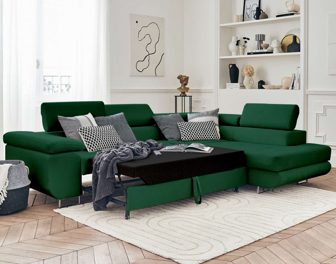 Pablo - canapé d'angle droit en velours convertible avec coffre et têtières réglables 5 places - style contemporain