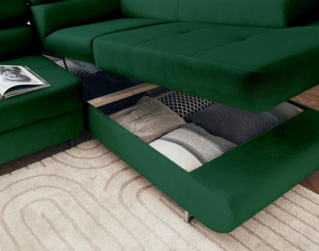 Pablo - canapé d'angle droit en velours convertible avec coffre et têtières réglables 5 places - style contemporain