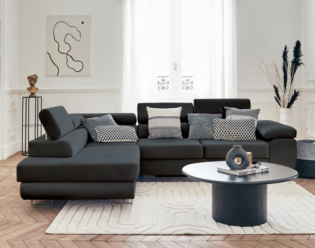 Pablo - canapé d'angle gauche en velours convertible avec coffre et têtières réglables 5 places - style contemporain