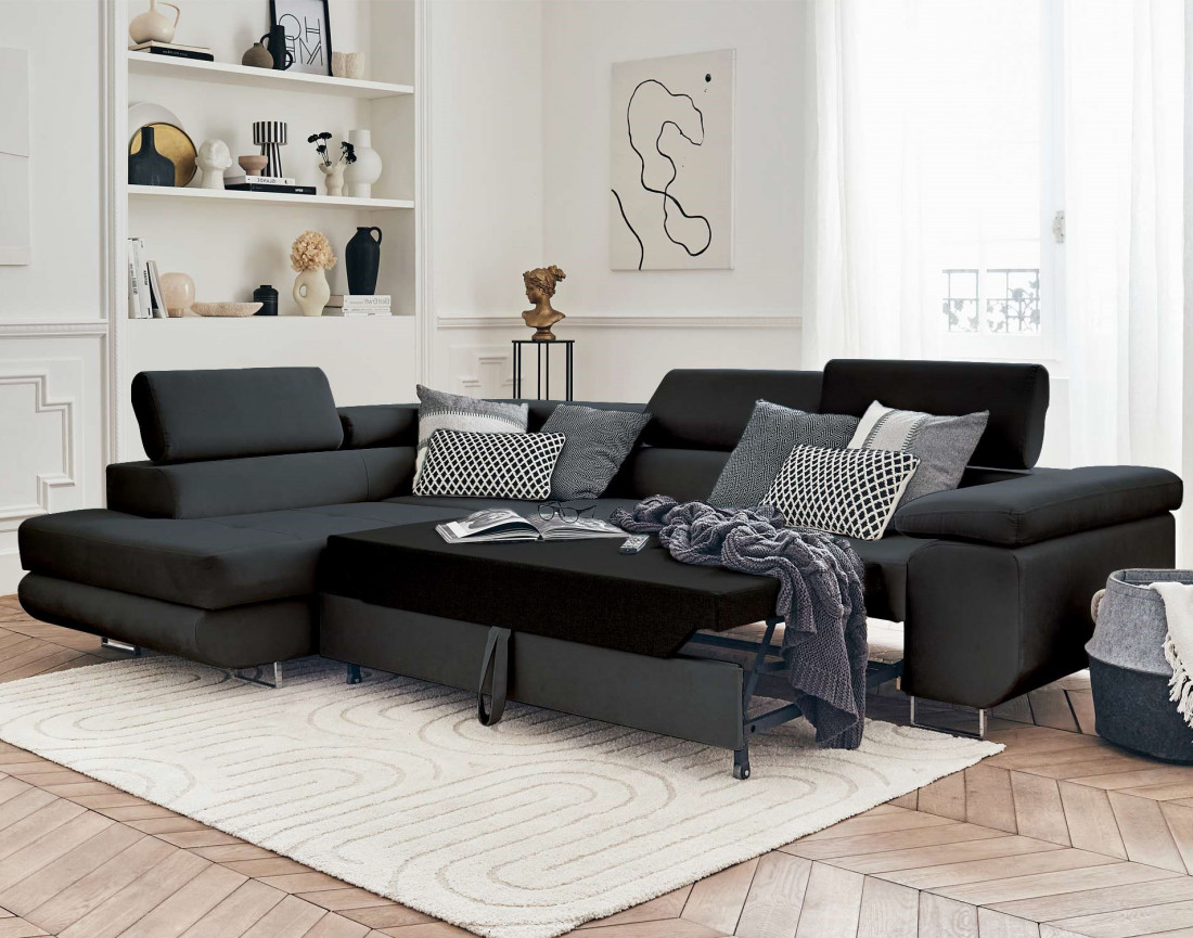 Pablo - canapé d'angle gauche en velours convertible avec coffre et têtières réglables 5 places - style contemporain