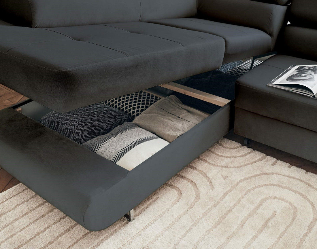 Pablo - canapé d'angle gauche en velours convertible avec coffre et têtières réglables 5 places - style contemporain