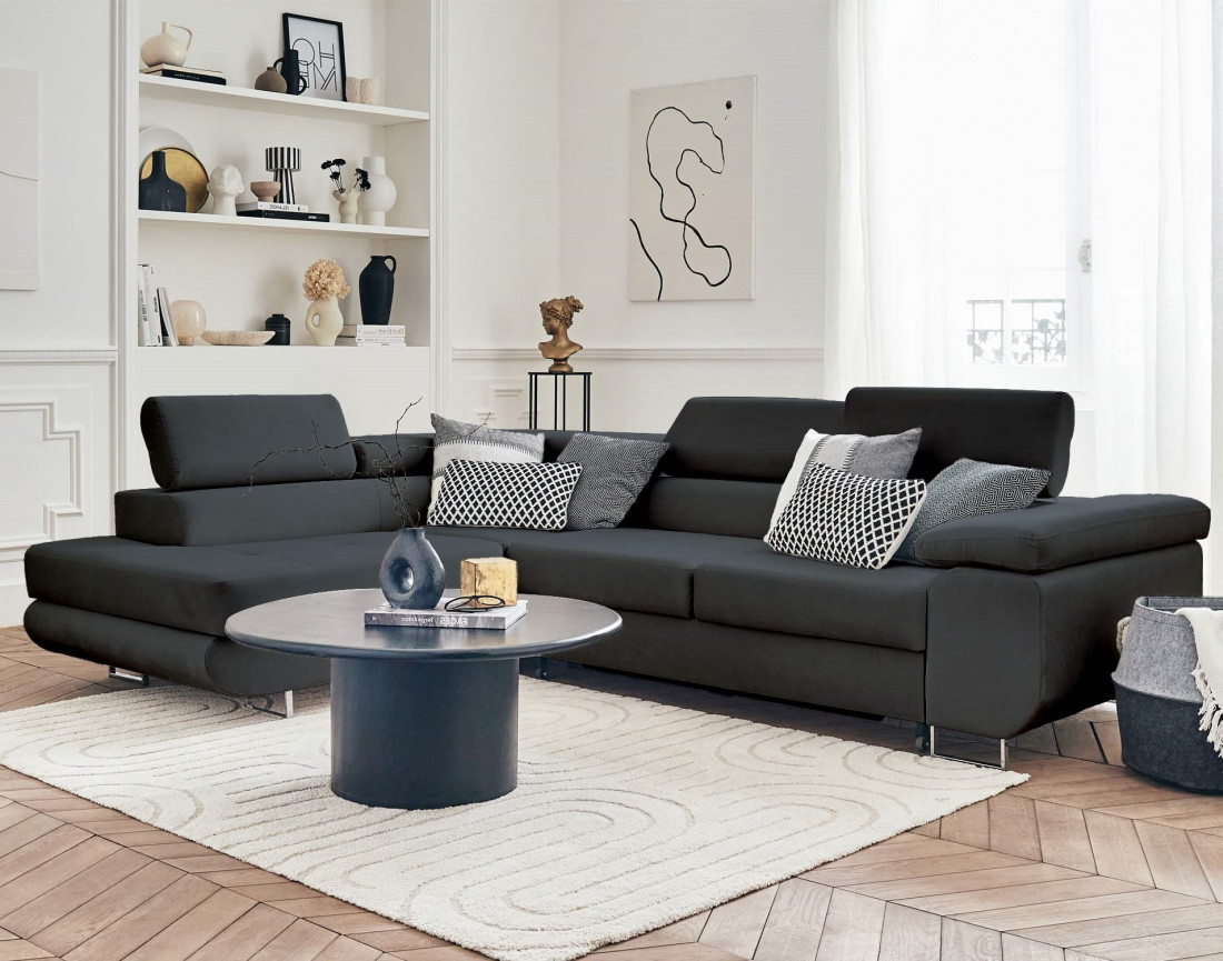 Pablo - canapé d'angle gauche en velours convertible avec coffre et têtières réglables 5 places - style contemporain