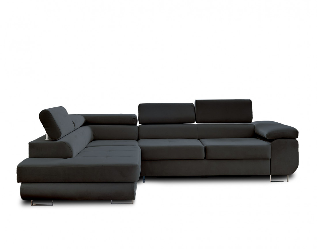 Pablo - canapé d'angle gauche en velours convertible avec coffre et têtières réglables 5 places - style contemporain