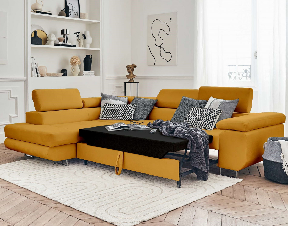 Pablo - canapé d'angle gauche en velours convertible avec coffre et têtières réglables 5 places - style contemporain