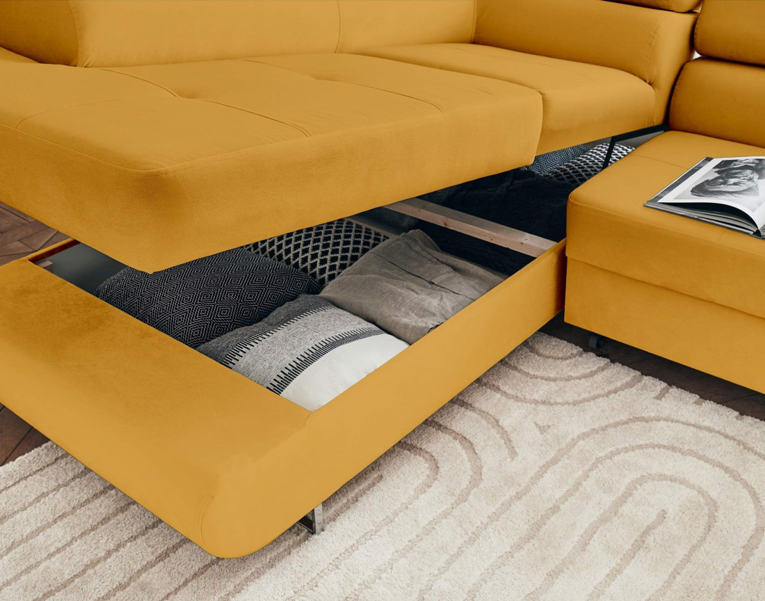 Pablo - canapé d'angle gauche en velours convertible avec coffre et têtières réglables 5 places - style contemporain