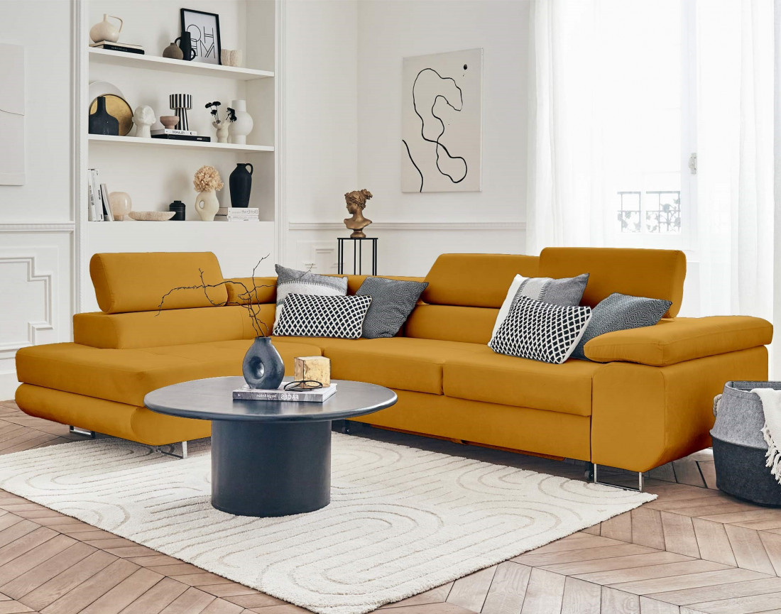 Pablo - canapé d'angle gauche en velours convertible avec coffre et têtières réglables 5 places - style contemporain