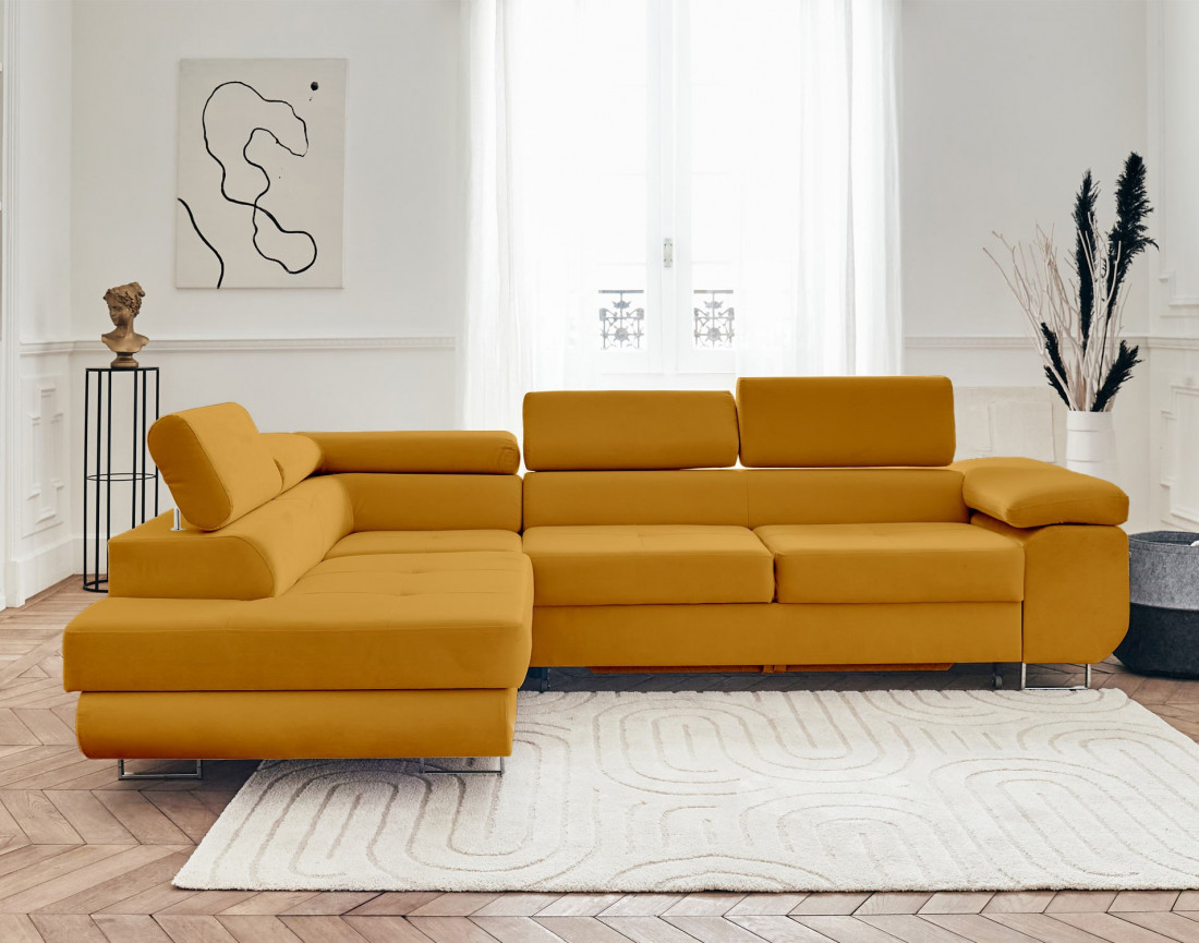 Pablo - canapé d'angle gauche en velours convertible avec coffre et têtières réglables 5 places - style contemporain