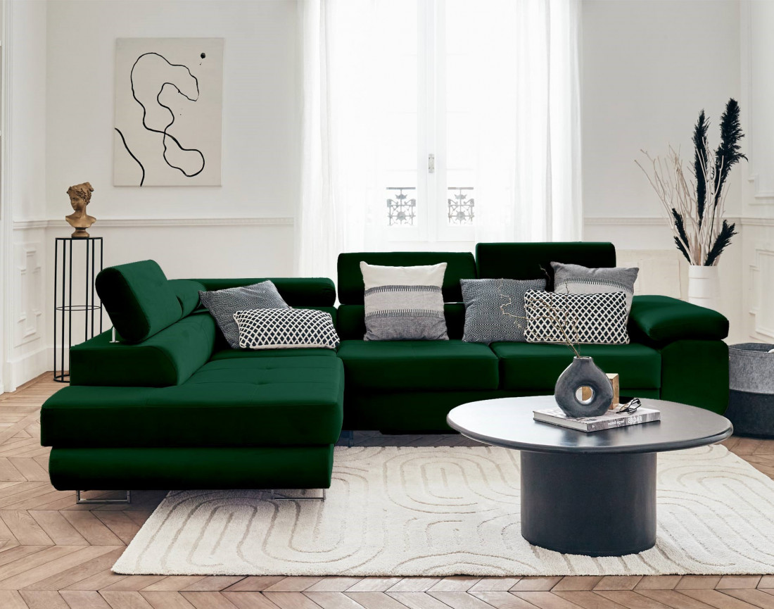 Pablo - canapé d'angle gauche en velours convertible avec coffre et têtières réglables 5 places - style contemporain
