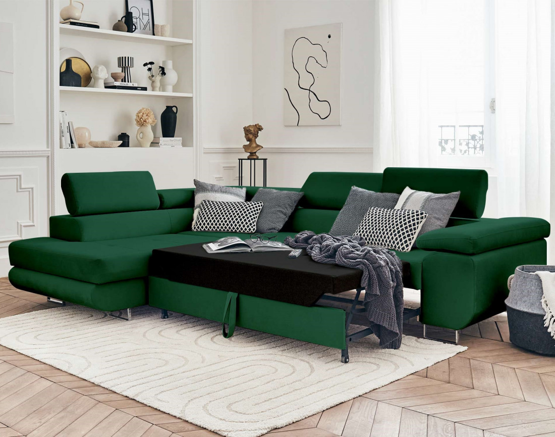 Pablo - canapé d'angle gauche en velours convertible avec coffre et têtières réglables 5 places - style contemporain