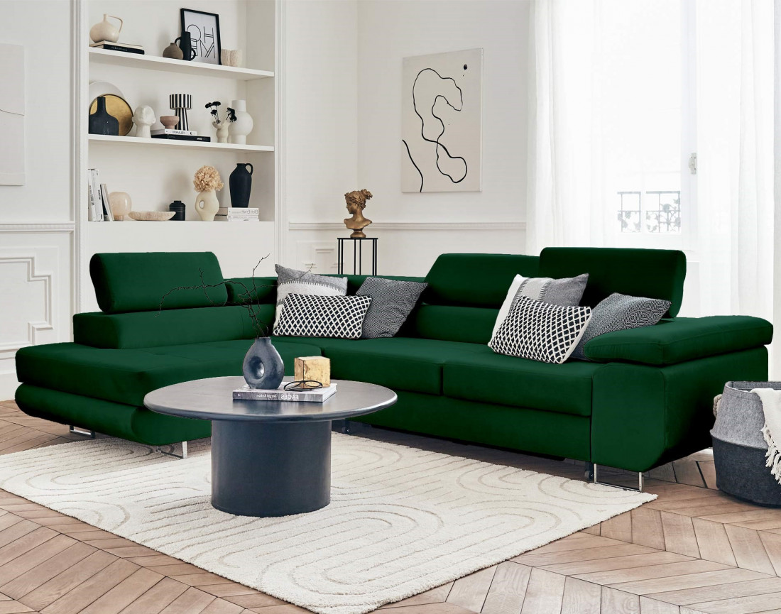 Pablo - canapé d'angle gauche en velours convertible avec coffre et têtières réglables 5 places - style contemporain