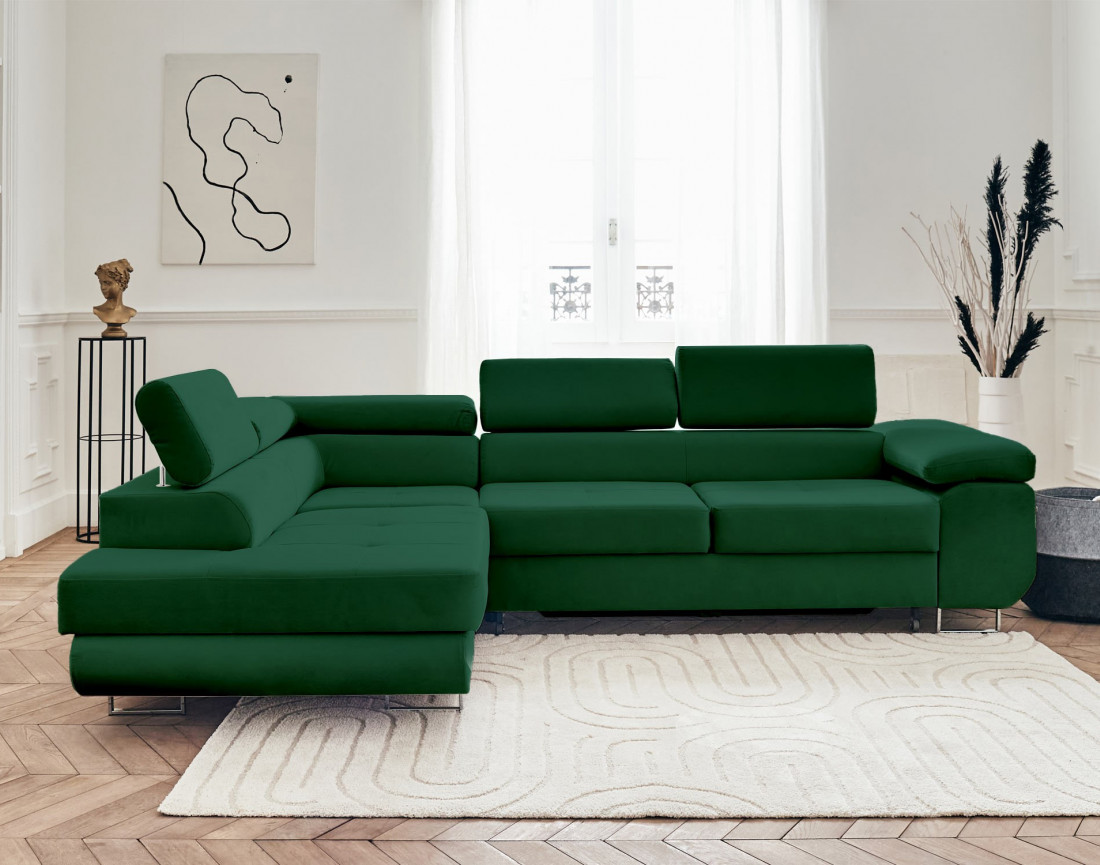 Pablo - canapé d'angle gauche en velours convertible avec coffre et têtières réglables 5 places - style contemporain