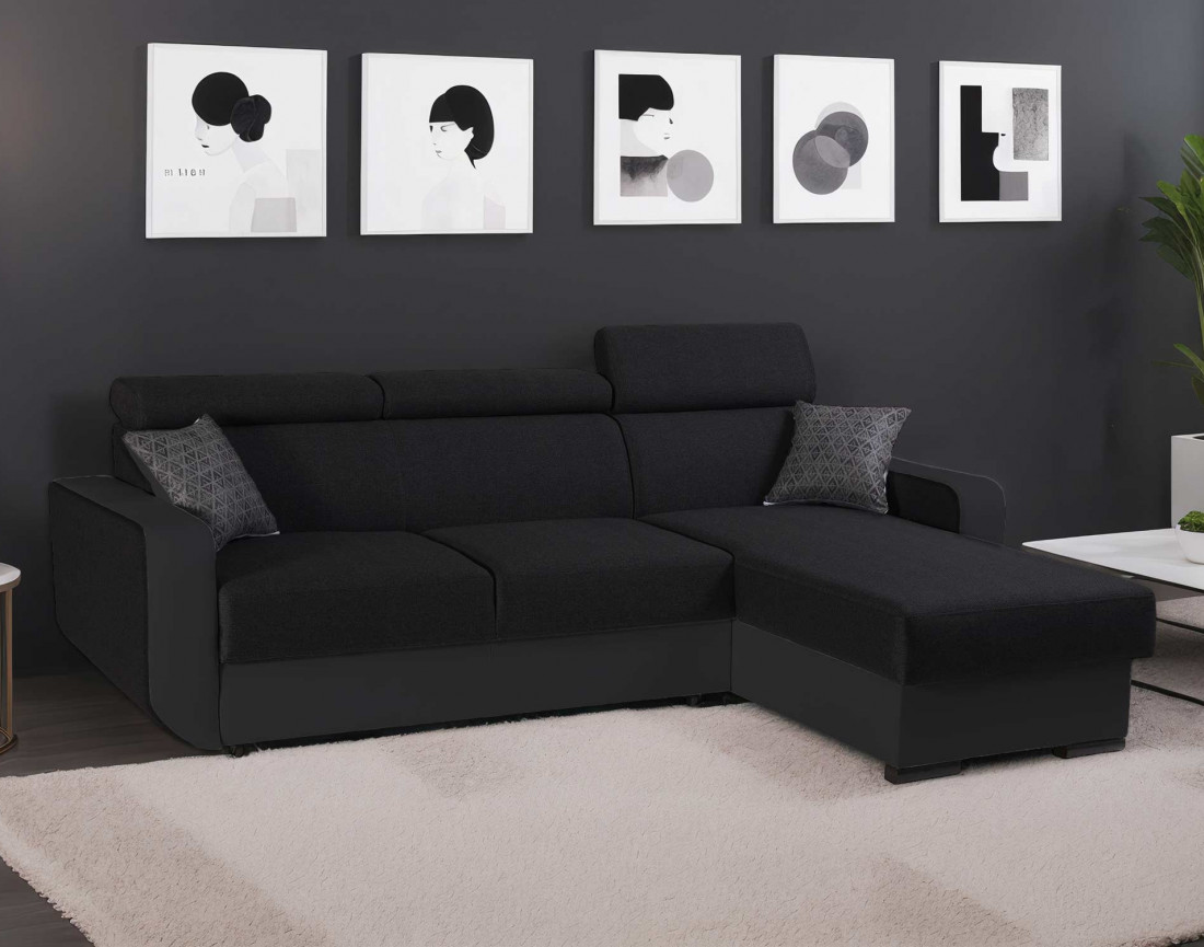 Canapé d'angle réversible 4 places convertible avec têtieres et coffre Dustin