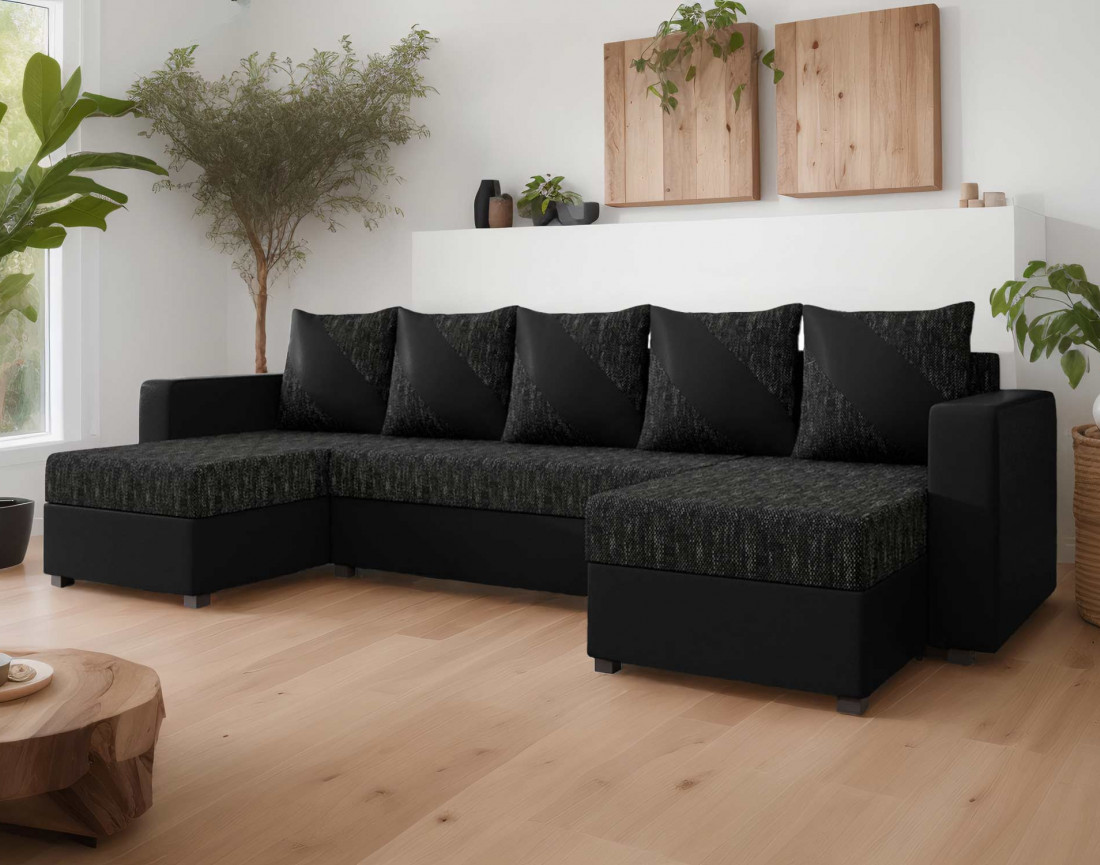 Romy - canapé panoramique en U 7 places convertible avec coffre en tissu et PU