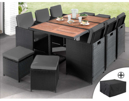 Salon de jardin encastrable Cuba 10 places - en résine tressée noir