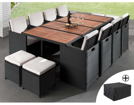 Cuba - Salon de jardin encastrable 12 places - en résine tressée - Noir avec coussins beiges + housse de protection