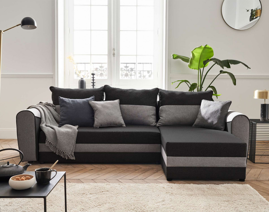 Canapé d'angle réversible 4 places convertible avec coffre en tissu Quartz