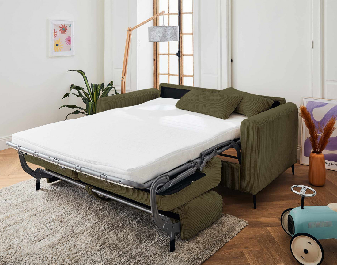 Canapé 3 places convertible express quotidien en velours côtelé Owen