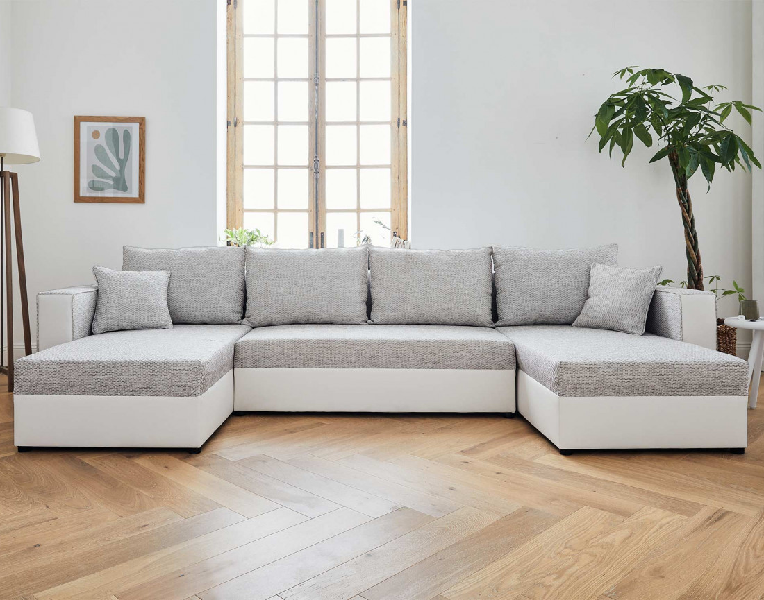 Canapé panoramique en U 7 places convertible avec coffre en tissu et simili Opale