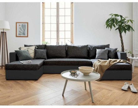 Canapé panoramique en U 7 places convertible avec coffre en tissu et simili Opale