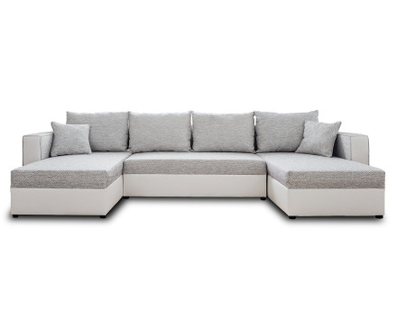 Canapé panoramique en U 7 places convertible avec coffre en tissu et simili Opale