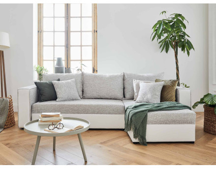 Canapé d'angle réversible 4 places convertible avec coffre en tissu et simili Opale