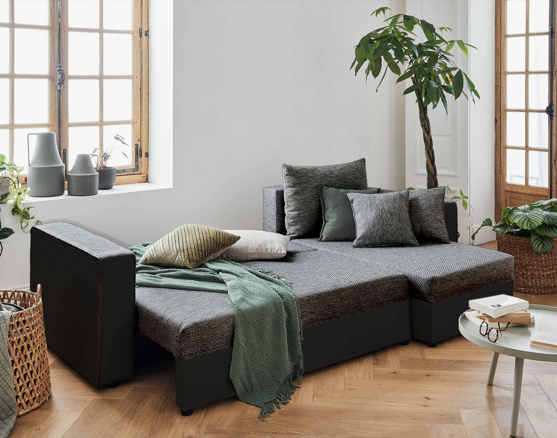 Canapé d'angle réversible 4 places convertible avec coffre en tissu et simili Opale