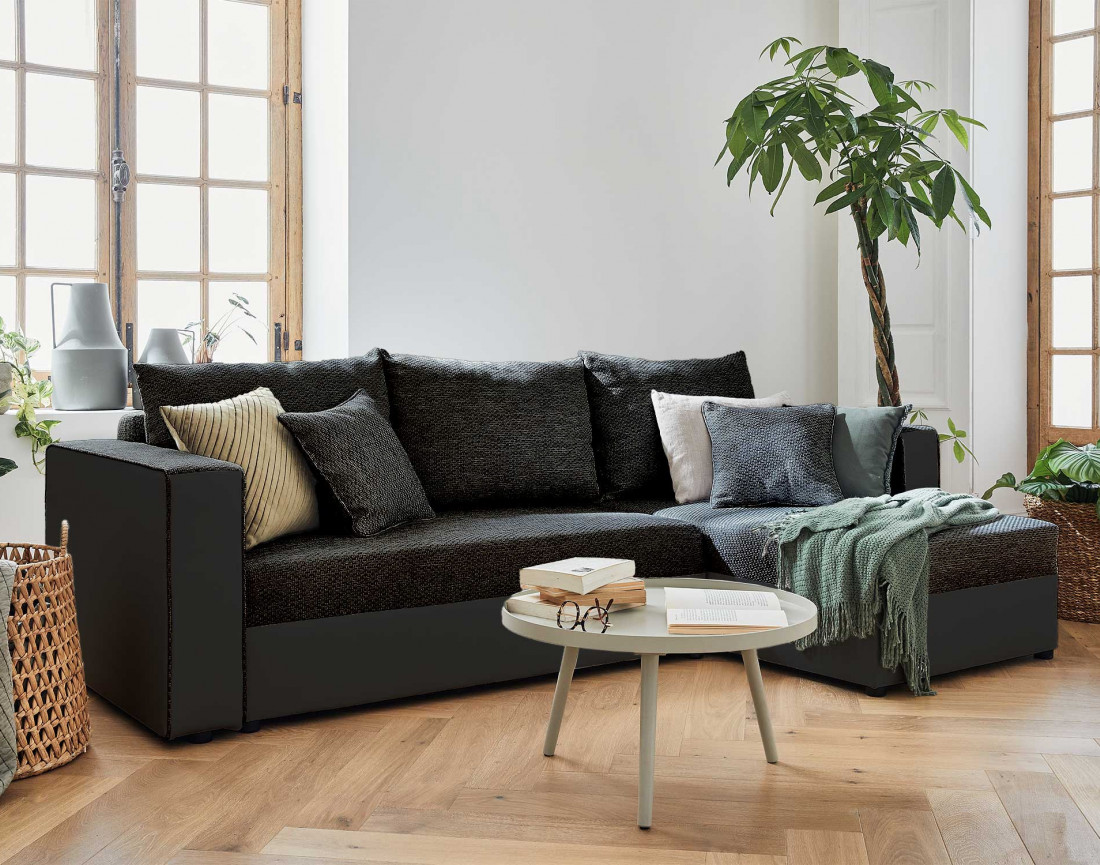 Canapé d'angle réversible 4 places convertible avec coffre en tissu et simili Opale