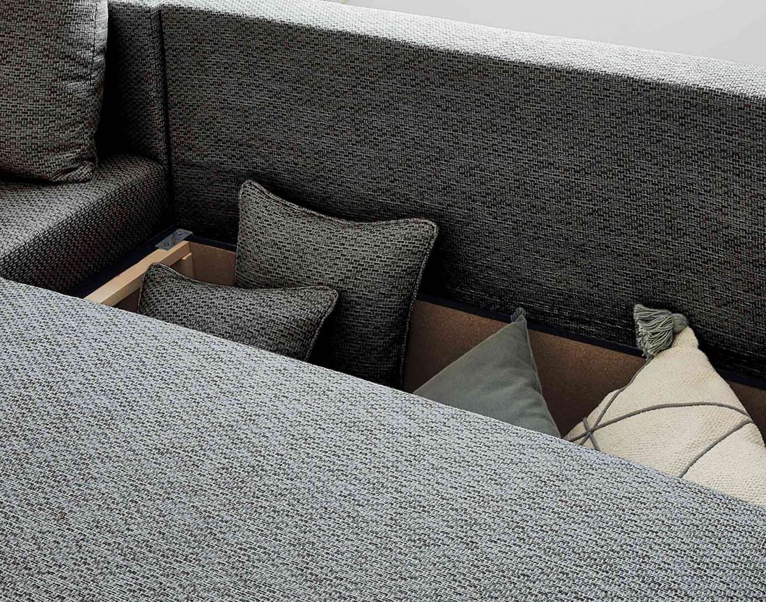 Canapé d'angle réversible 4 places convertible avec coffre en tissu et simili Opale