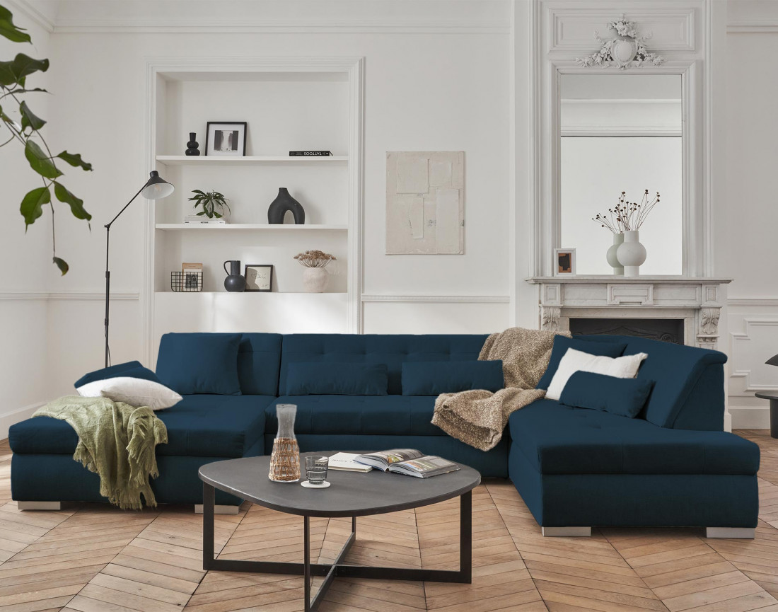 Canapé panoramique d'angle droit 7 places convertible en tissu Vermont