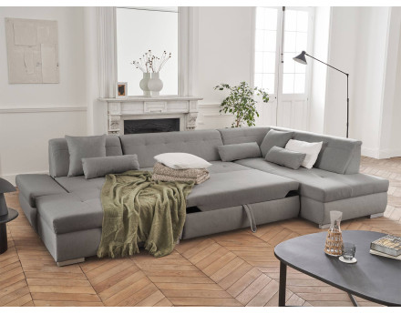 Canapé panoramique d'angle droit 7 places convertible en tissu Vermont