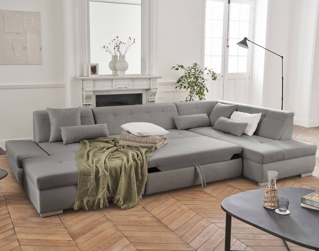 Canapé panoramique d'angle droit 7 places convertible en tissu Vermont