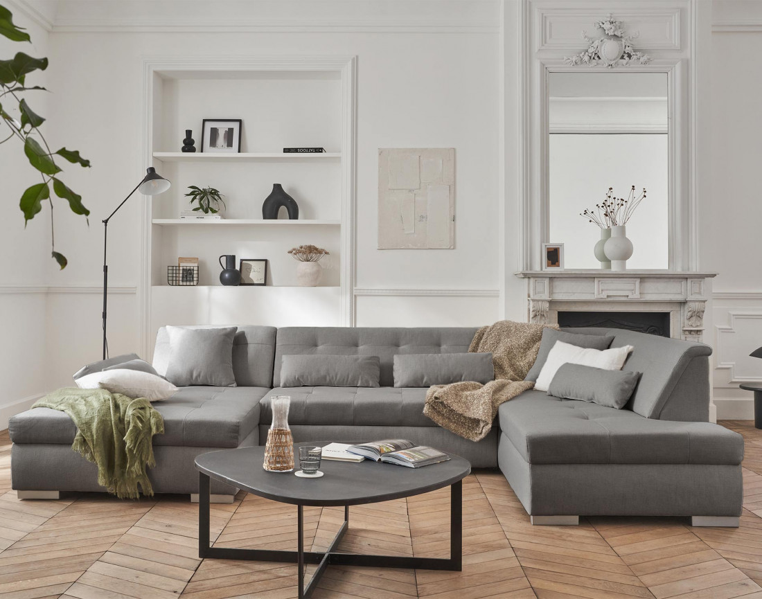 Canapé panoramique d'angle droit 7 places convertible en tissu Vermont