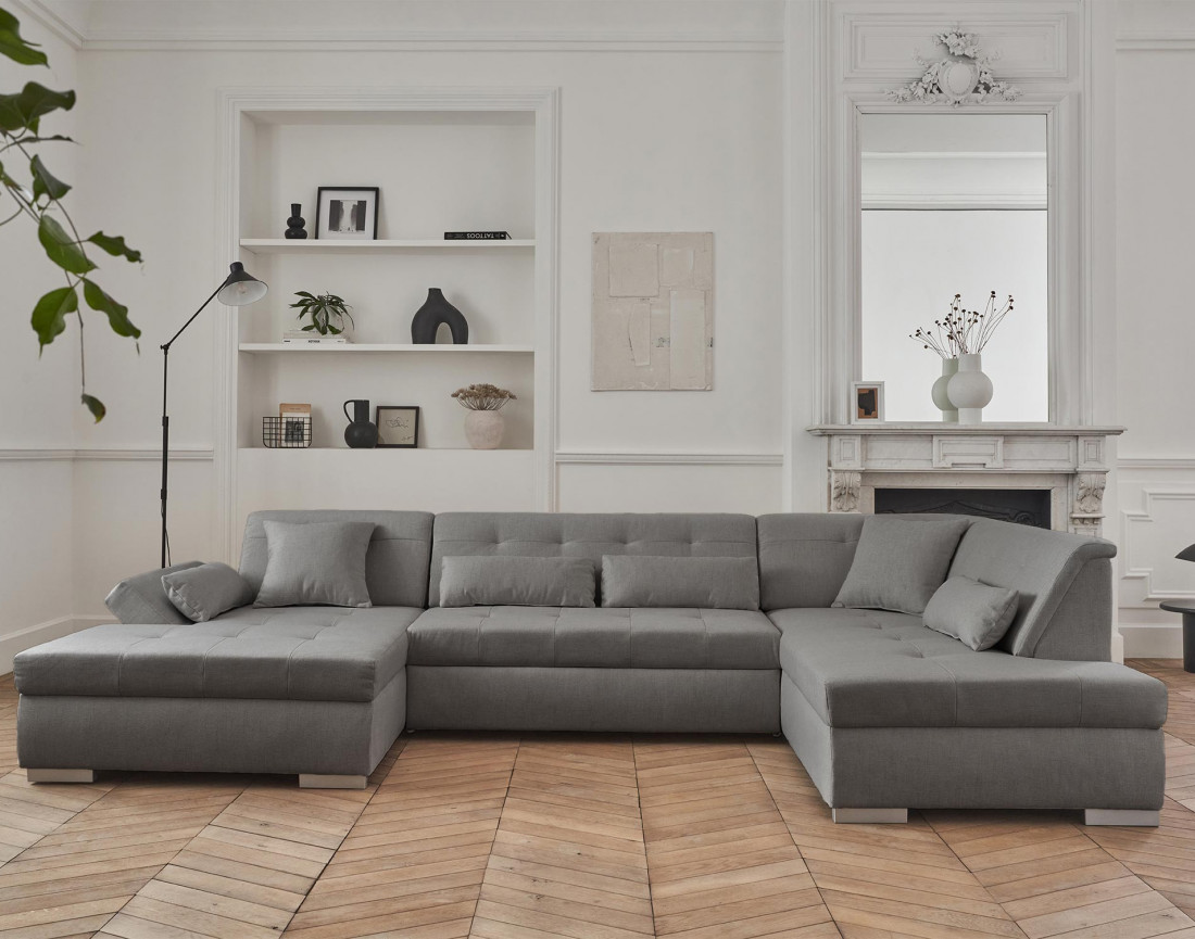 Canapé panoramique d'angle droit 7 places convertible en tissu Vermont