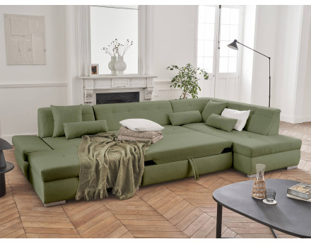 Canapé panoramique d'angle droit 7 places convertible en tissu Vermont