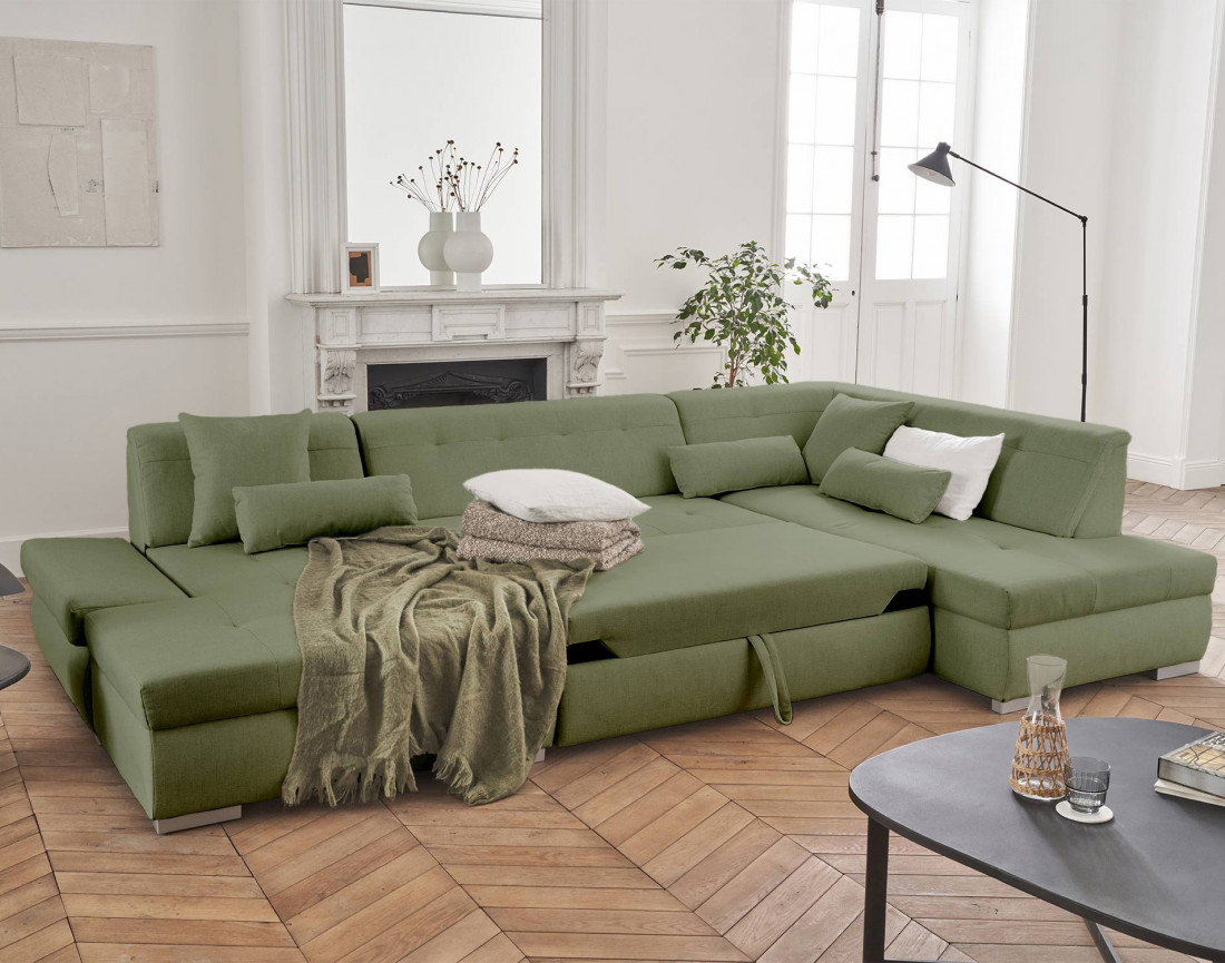 Canapé panoramique d'angle droit 7 places convertible en tissu Vermont