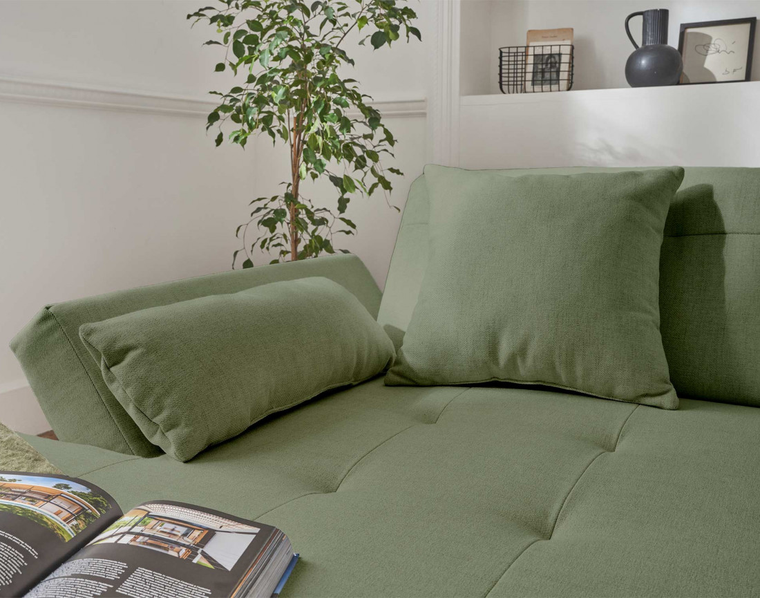 Canapé panoramique d'angle droit 7 places convertible en tissu Vermont